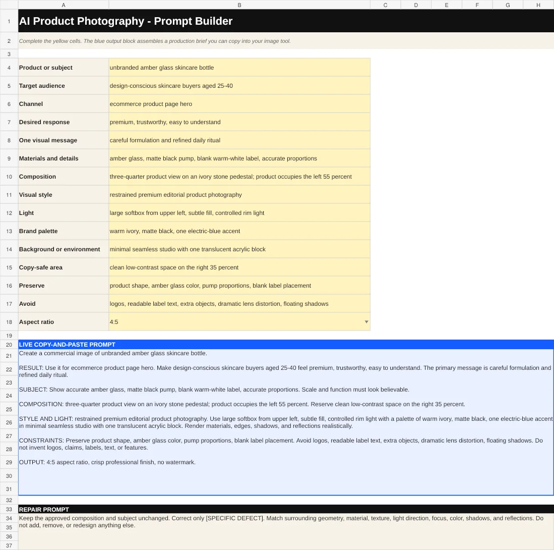 Editable product photography prompt builder
